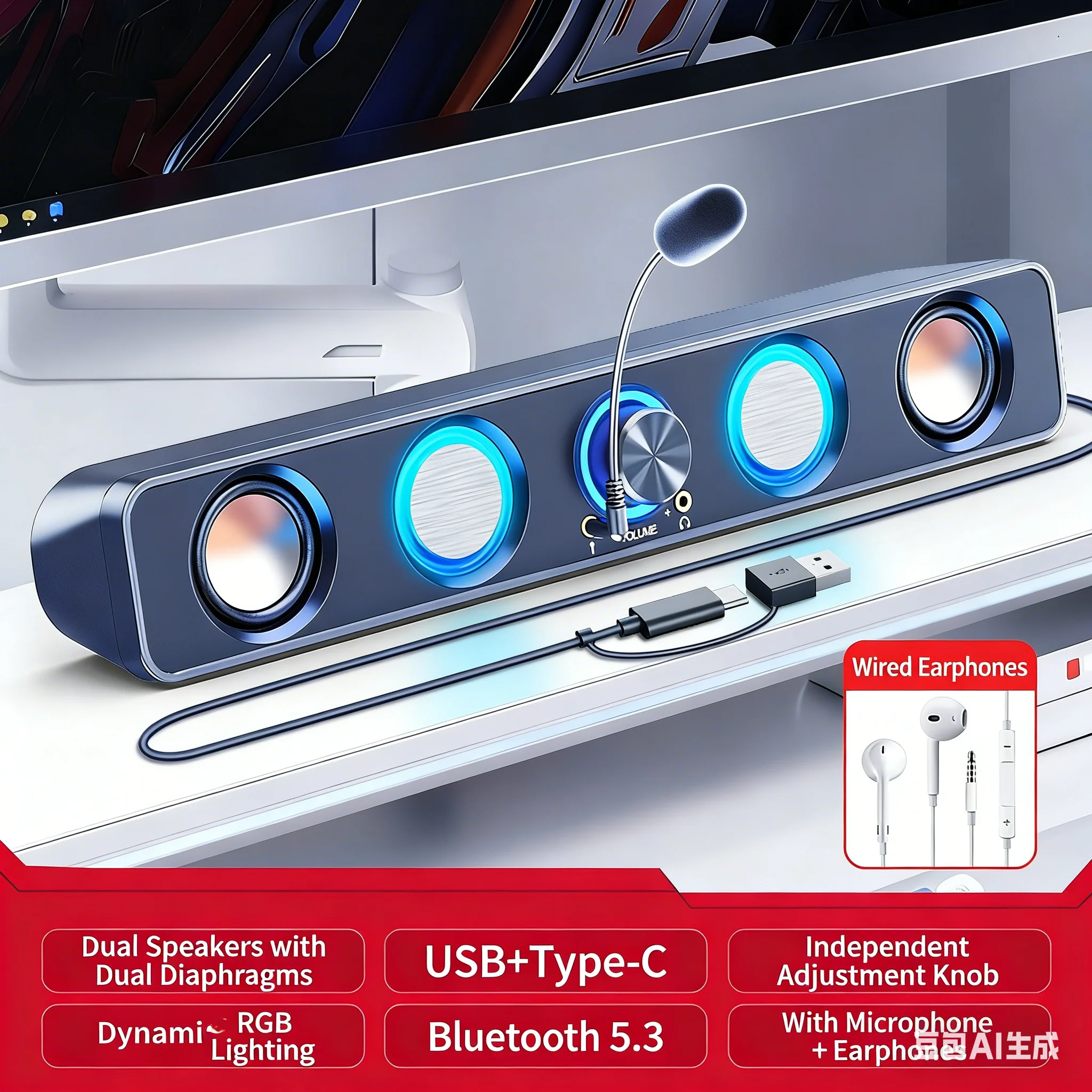 Gamingowy soundbar RGB 2.0 z d – Rgb Computer Soundbar For Pc recenzja i cena